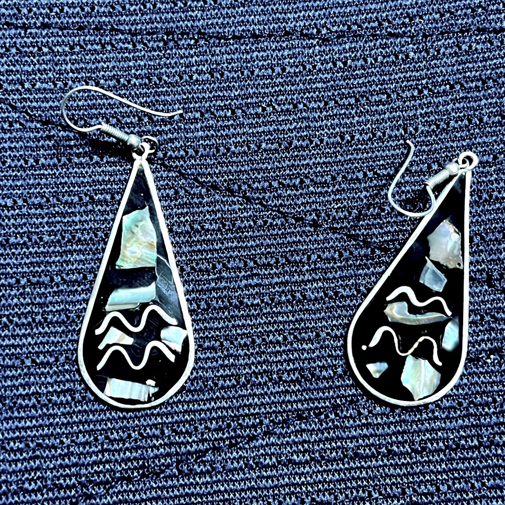 Vintage Alpaca Mexican Silver Dangle Earrings. Abalone Pearl Shell Inlay.